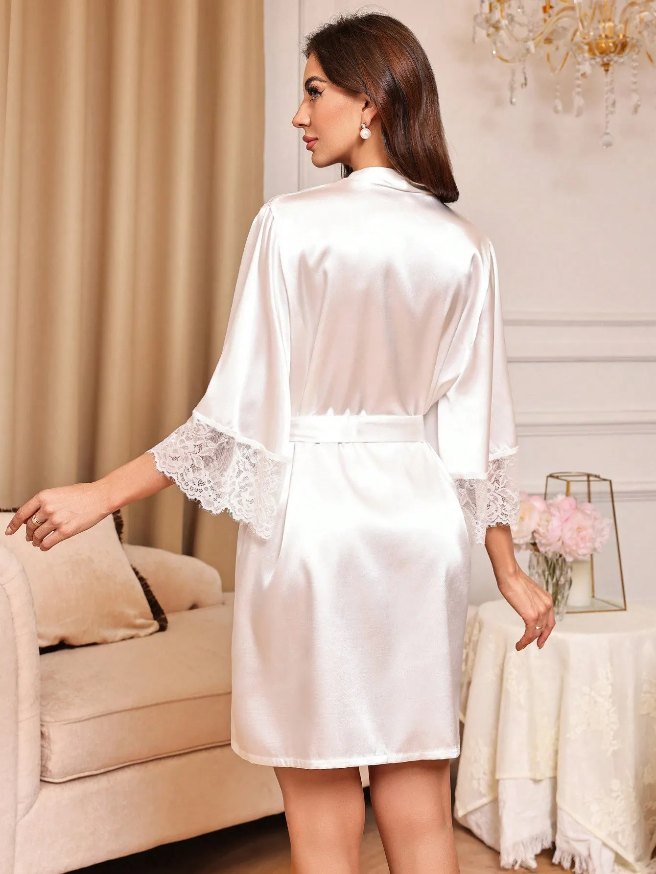 Women's Solid Color Lace Trim Bell Sleeve Nightgown