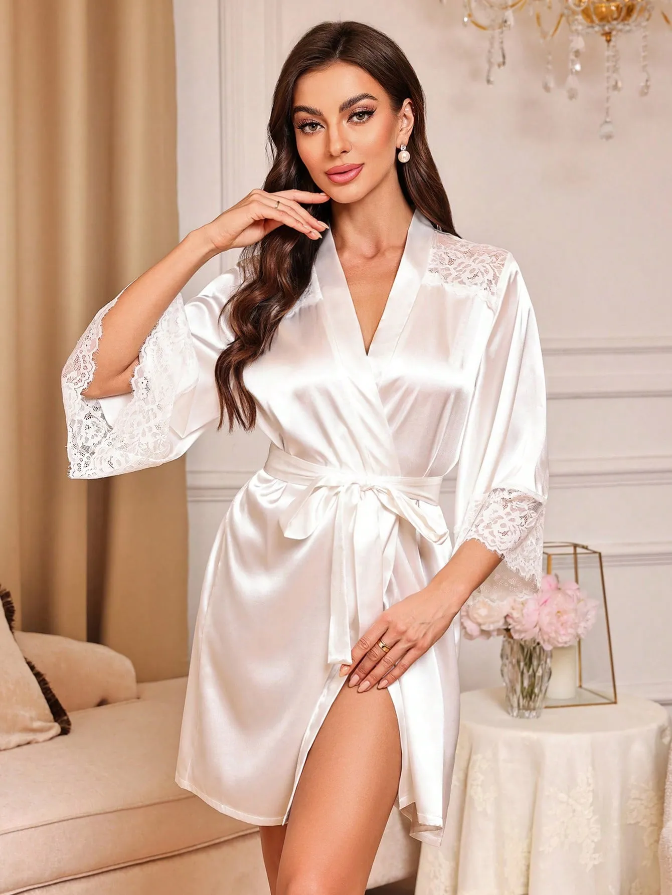 Women's Solid Color Lace Trim Bell Sleeve Nightgown