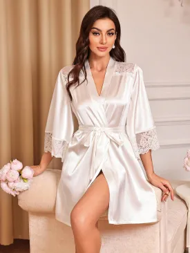 Women's Solid Color Lace Trim Bell Sleeve Nightgown