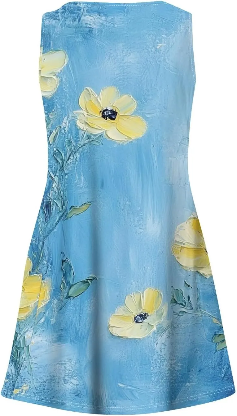 Womens Summer Dresses 2025 Vacation Swimsuit Coverup Printed Casual Sundress V Neck Sleeveless Dress with Pocket