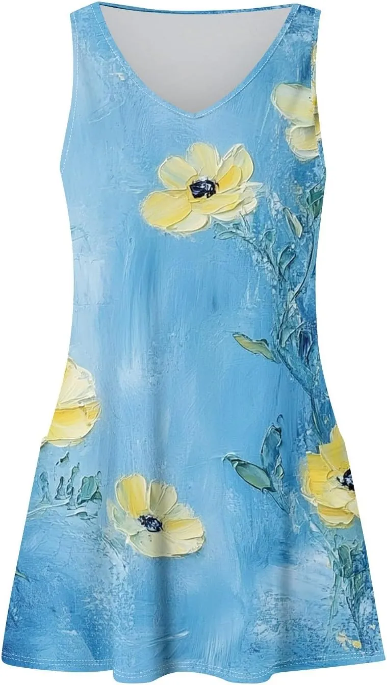 Womens Summer Dresses 2025 Vacation Swimsuit Coverup Printed Casual Sundress V Neck Sleeveless Dress with Pocket