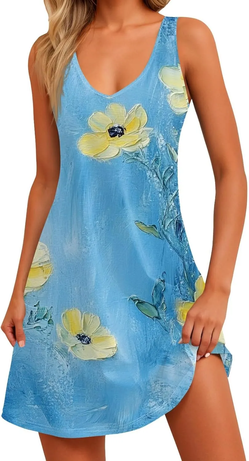 Womens Summer Dresses 2025 Vacation Swimsuit Coverup Printed Casual Sundress V Neck Sleeveless Dress with Pocket