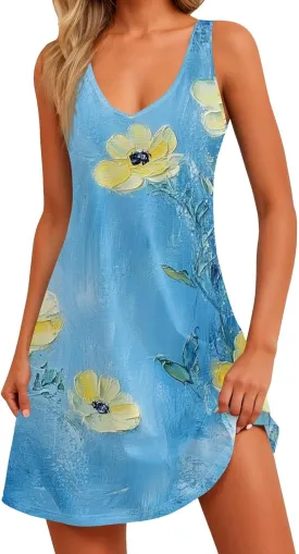 Womens Summer Dresses 2025 Vacation Swimsuit Coverup Printed Casual Sundress V Neck Sleeveless Dress with Pocket