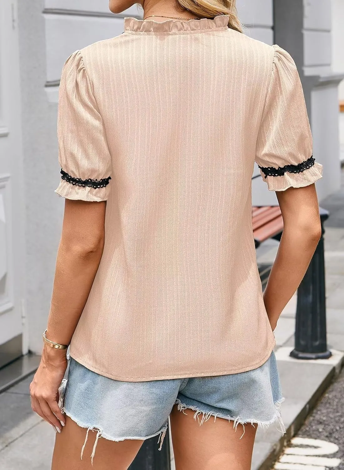Women's Summer Dressy Shirts V Neck Work Blouses Puff Short Sleeve Business Casual Tops