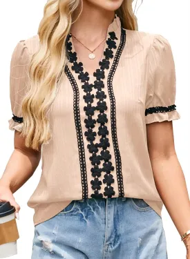 Women's Summer Dressy Shirts V Neck Work Blouses Puff Short Sleeve Business Casual Tops