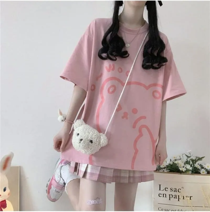 Y2K Bear Graphic Baggy T Shirt Girls Kawaii Harajuku Oversized Tee Summer Aesthetic Stuff Cutecore Anime Preppy Outfits
