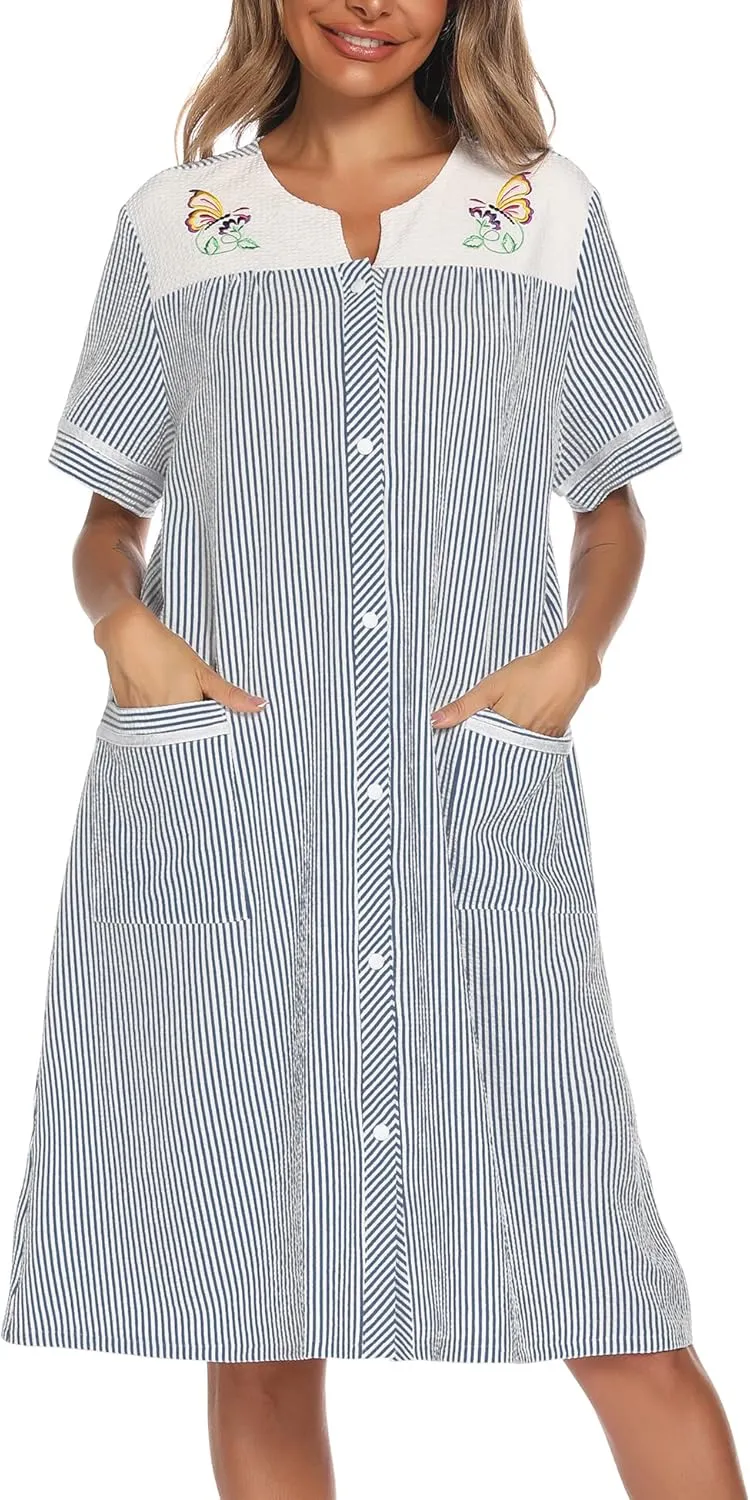 YOZLY House Dress Womens Embroidered Housecoat Short Sleeve Duster Robe with Front Pockets S-3XL