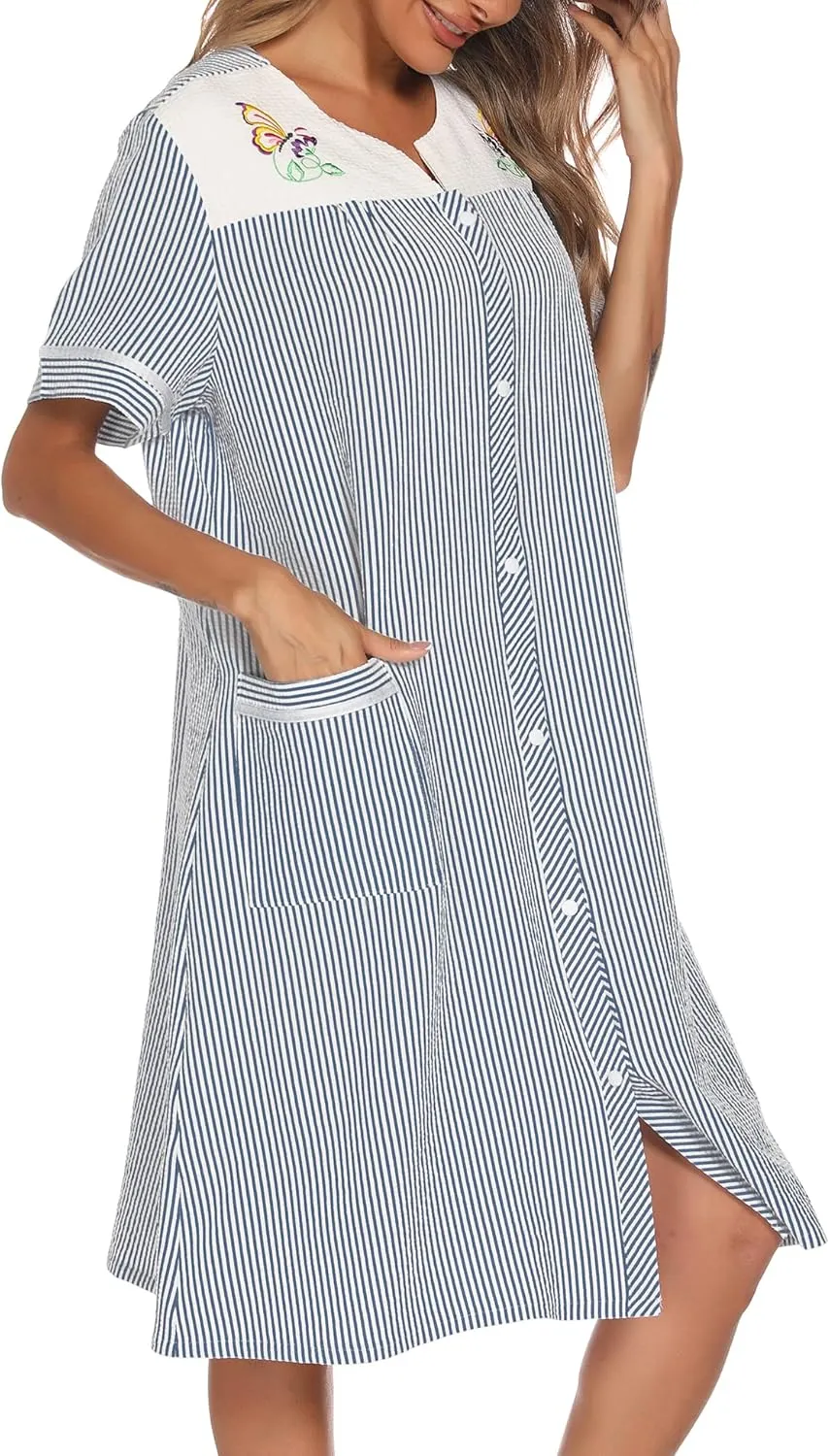 YOZLY House Dress Womens Embroidered Housecoat Short Sleeve Duster Robe with Front Pockets S-3XL