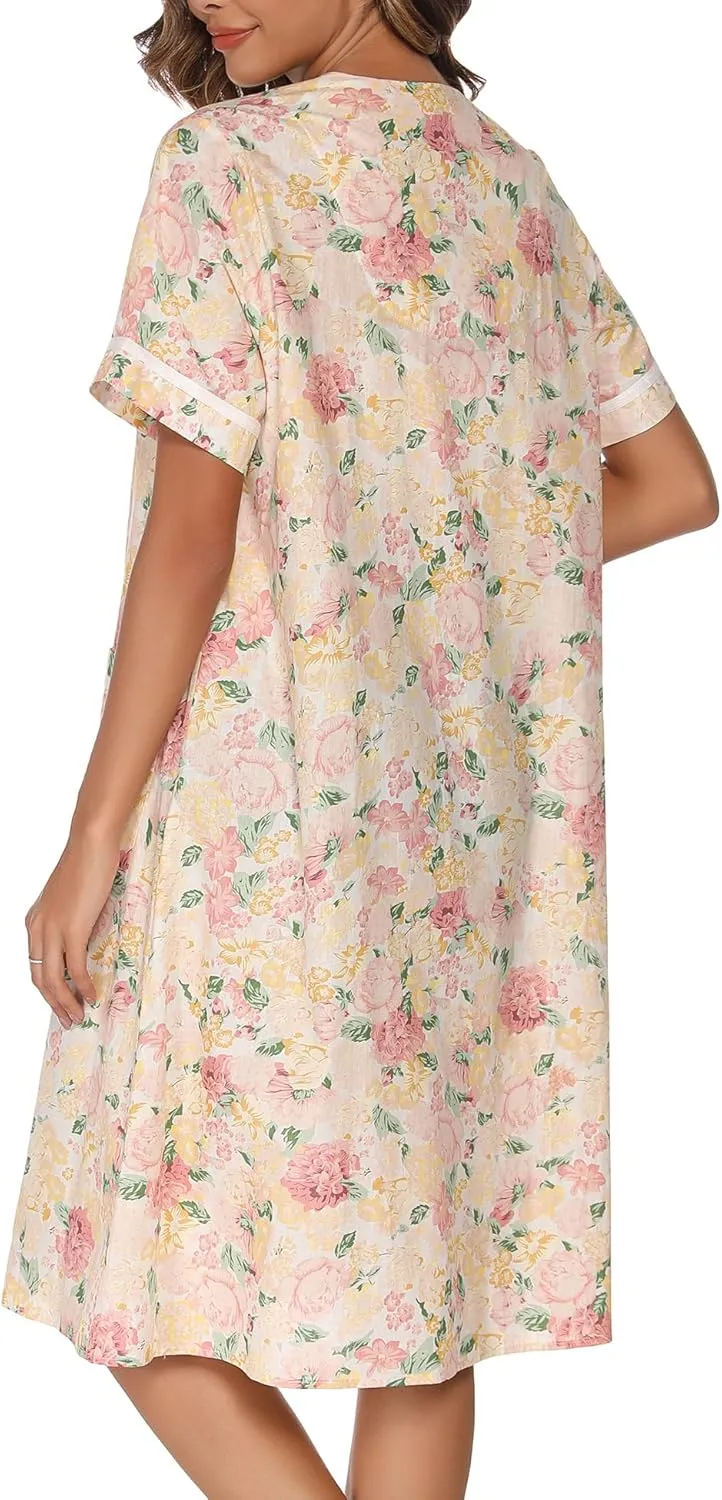 YOZLY House Dress Womens Embroidered Housecoat Short Sleeve Duster Robe with Front Pockets S-3XL