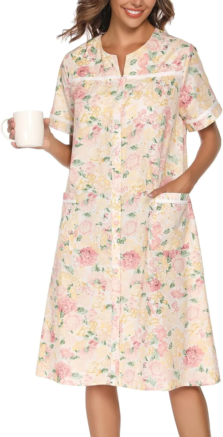 YOZLY House Dress Womens Embroidered Housecoat Short Sleeve Duster Robe with Front Pockets S-3XL