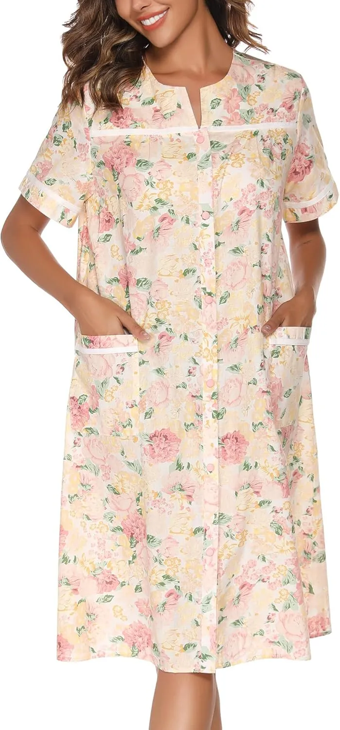 YOZLY House Dress Womens Embroidered Housecoat Short Sleeve Duster Robe with Front Pockets S-3XL