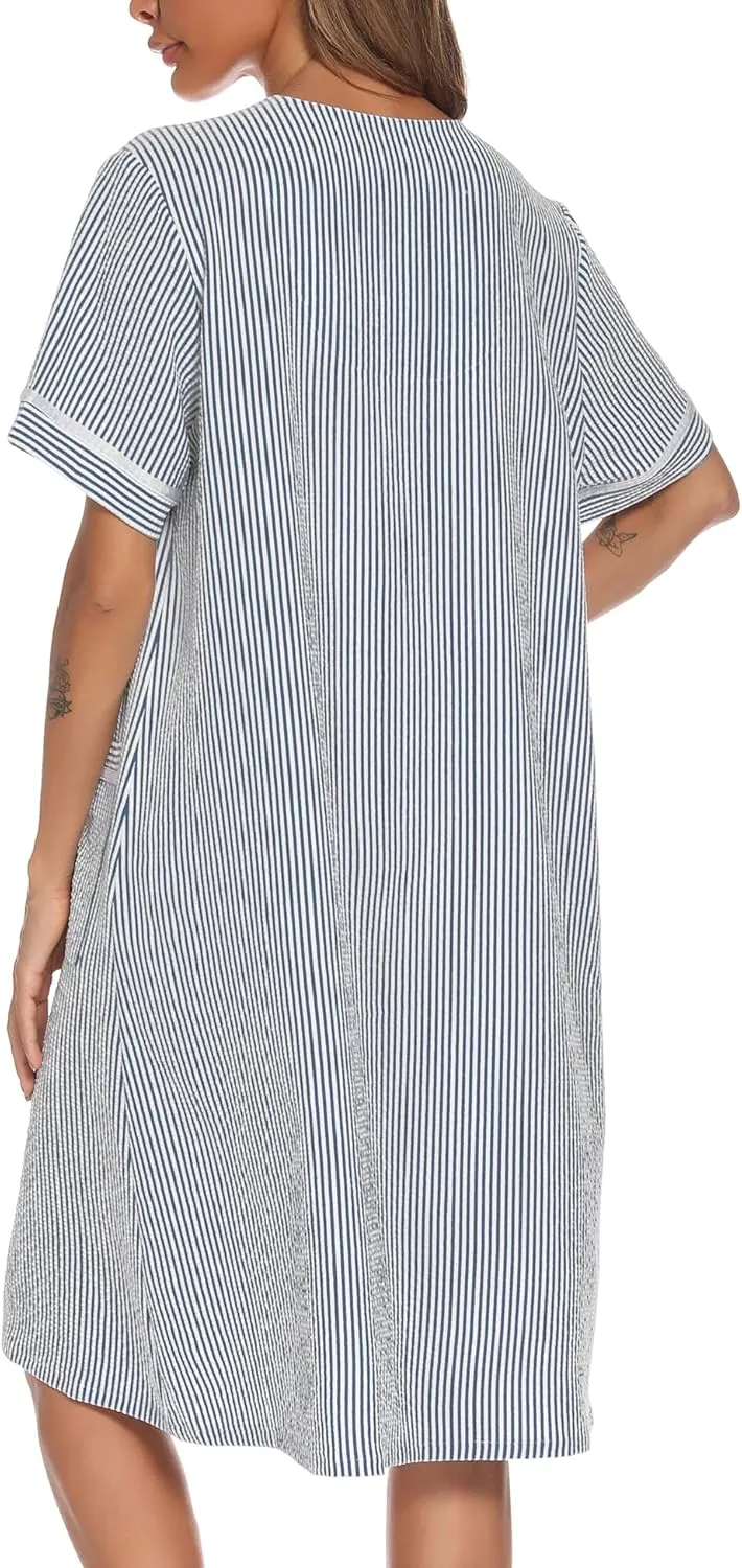 YOZLY House Dress Womens Embroidered Housecoat Short Sleeve Duster Robe with Front Pockets S-3XL
