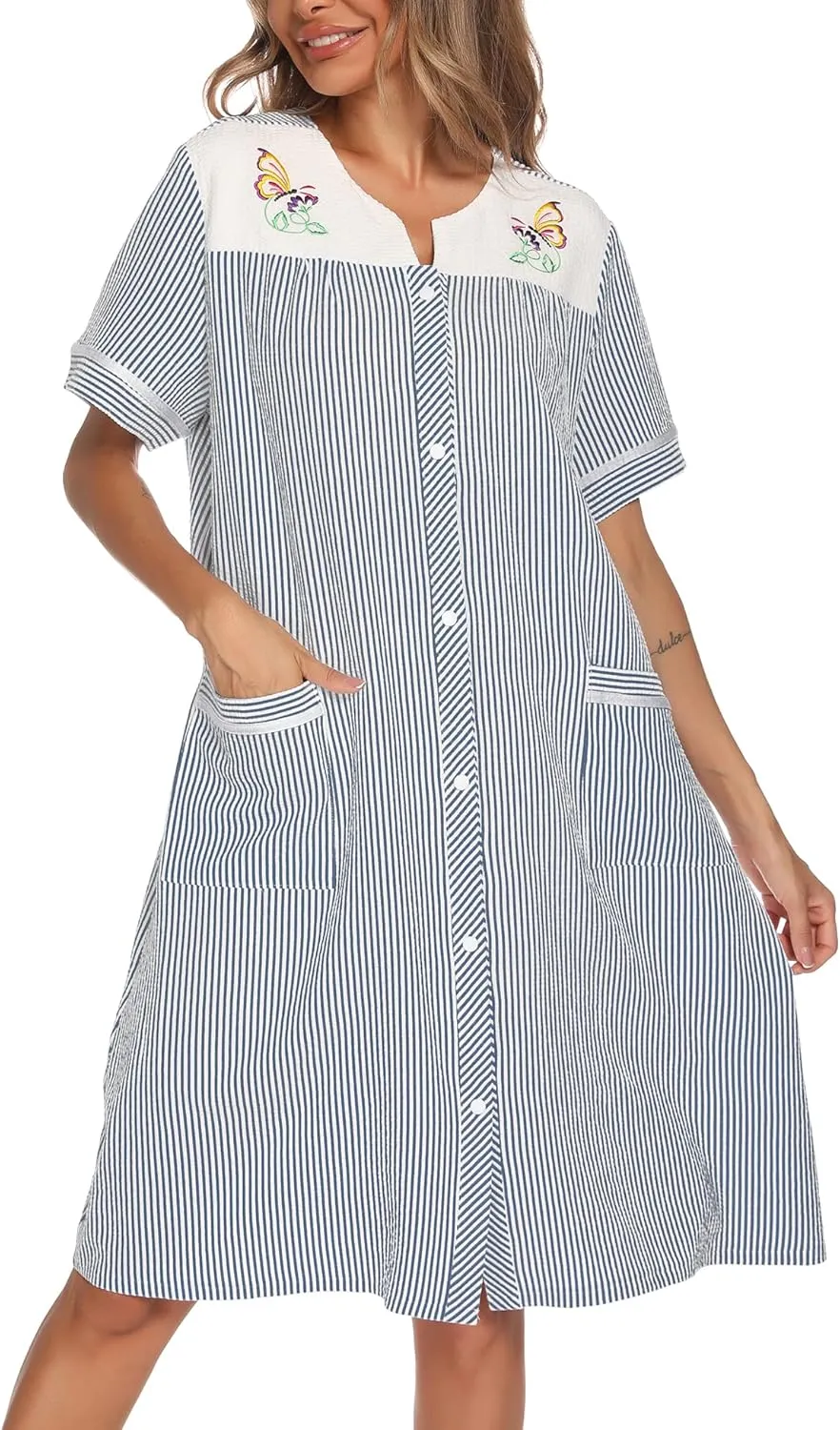 YOZLY House Dress Womens Embroidered Housecoat Short Sleeve Duster Robe with Front Pockets S-3XL