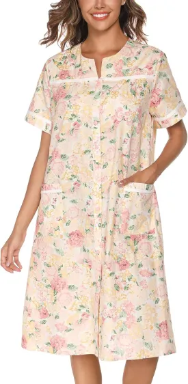 YOZLY House Dress Womens Embroidered Housecoat Short Sleeve Duster Robe with Front Pockets S-3XL